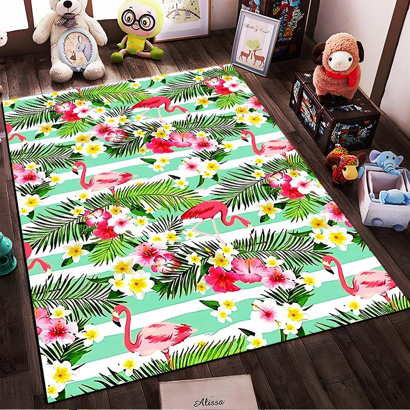 Tropical Flamingo and Floral Striped Carpet with Green Palm Leaves Suitable for use as an anti-slip for living room bedroom sofas