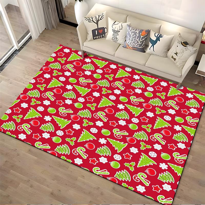 Christmas Pattern with Trees and Ornaments Non-slip rug suitable for living room and bedroom sofas.