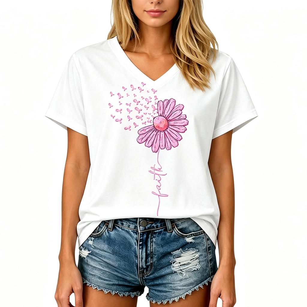 Women's Fashion Casual Short Sleeve V-Neck Top with Breast Awareness Print