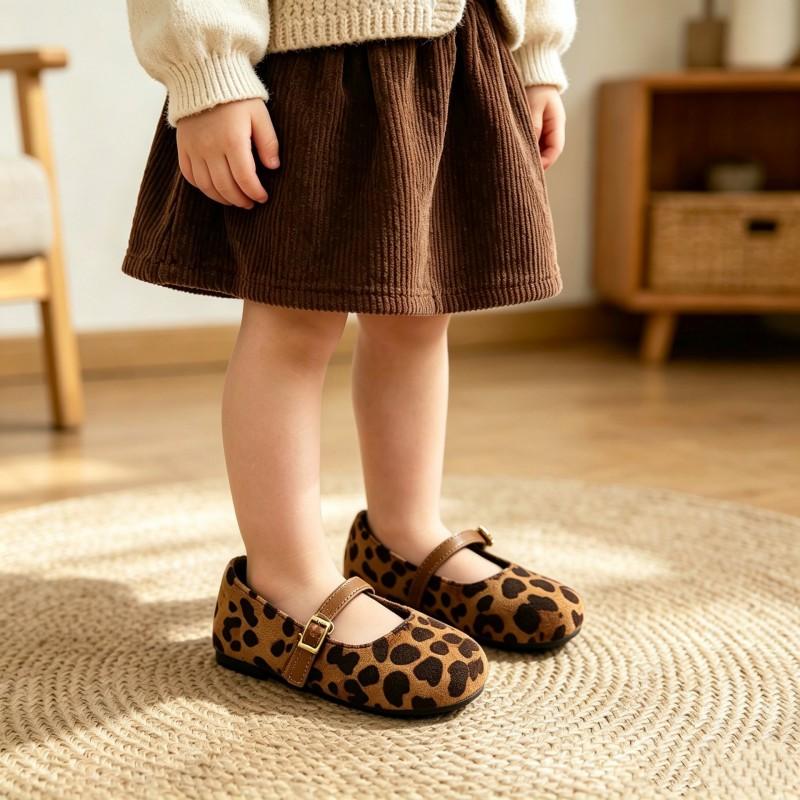 Girls Leopard Print Flat Shoes Soft Sole Fashionable Casual Leather-Lined Kids School Ages 4-16