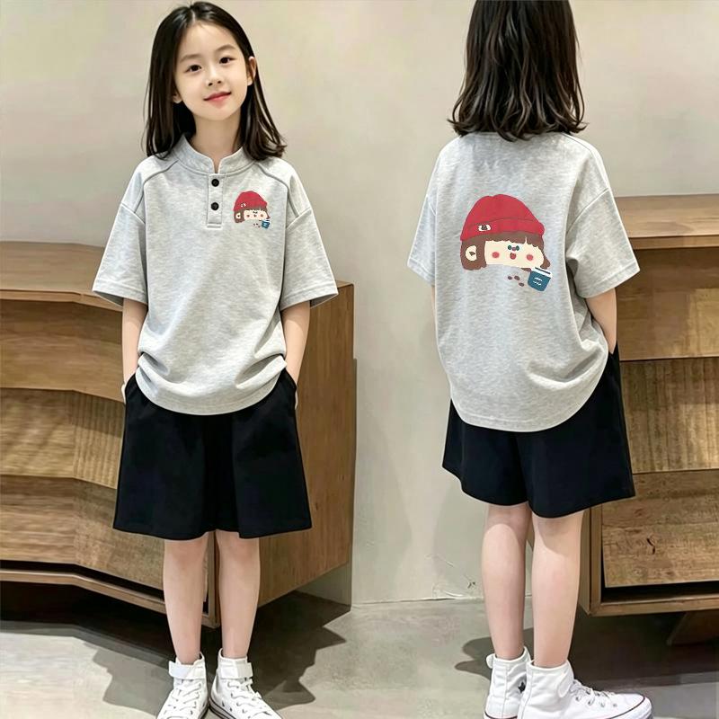 Korean Style Girls' Cotton Stand Collar Short Sleeve T-shirt & Polo Two-Piece Summer Set for Medium and Large Children