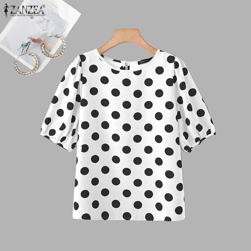 ZANZEA Blusa Casual da Donna a Pois con Scollo Rotondo e Maniche Corte