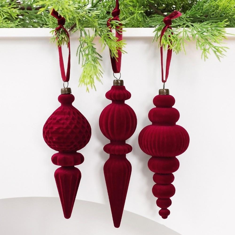 9Pcs Vintage Velvet Christmas Ball Set Shatterproof Long Finial Hanging Ornaments Wreath