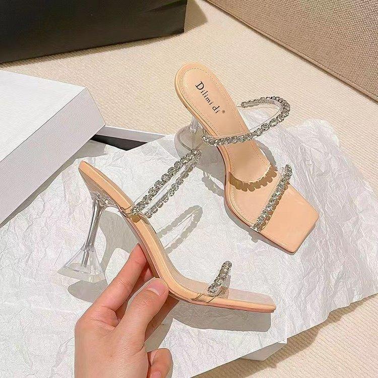 In the Summer of 25 Years, the New Rhinestone One-word with High-heeled Cool Slippers for Women's Thin-heeled Transparent Beautiful Silver High-heeled