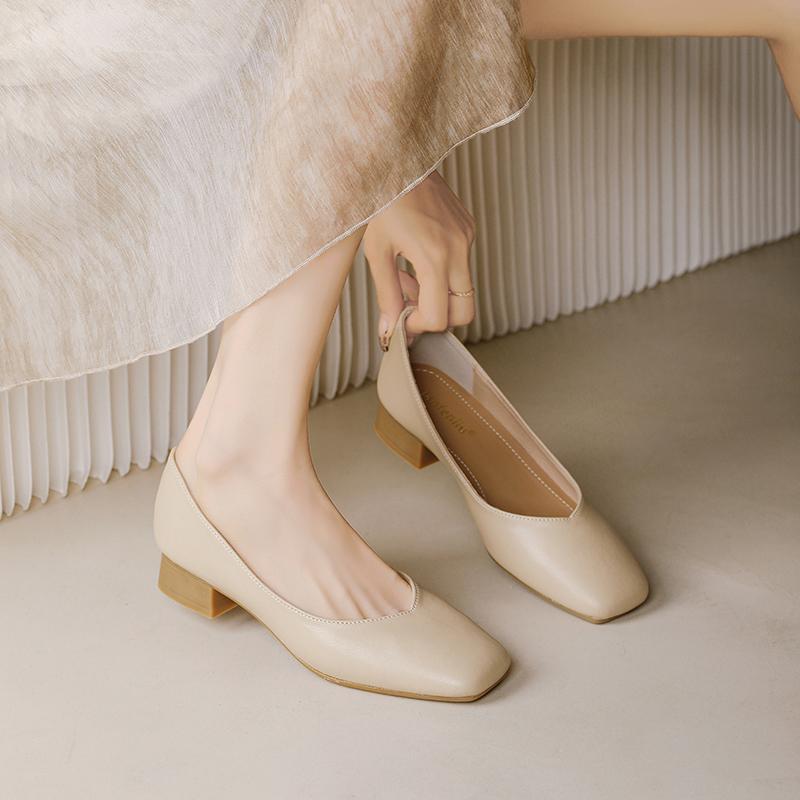 Nude leather grandma shoes women's thick heel 2025 new French medium heel women's shoes summer soft leather not tired feet single shoes