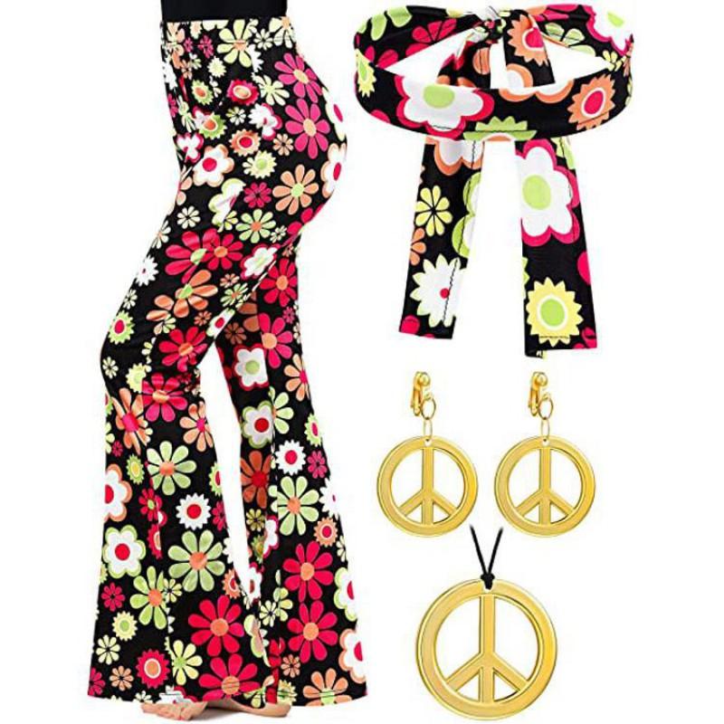 Halloween Print Flared Pants 70s Hippie Retro Headband Boho Trousers Women
