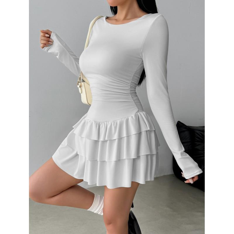 Womens Long Sleeve Dress - Solid Color Slim Fit Pleated 2025