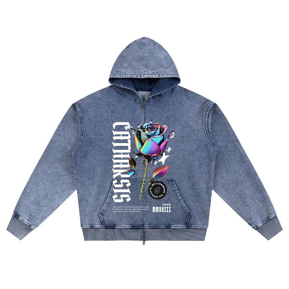 DTG potisk Pletená džínová mikina s kapucí na zip Catharsis Brother potisk Mikiny na zip