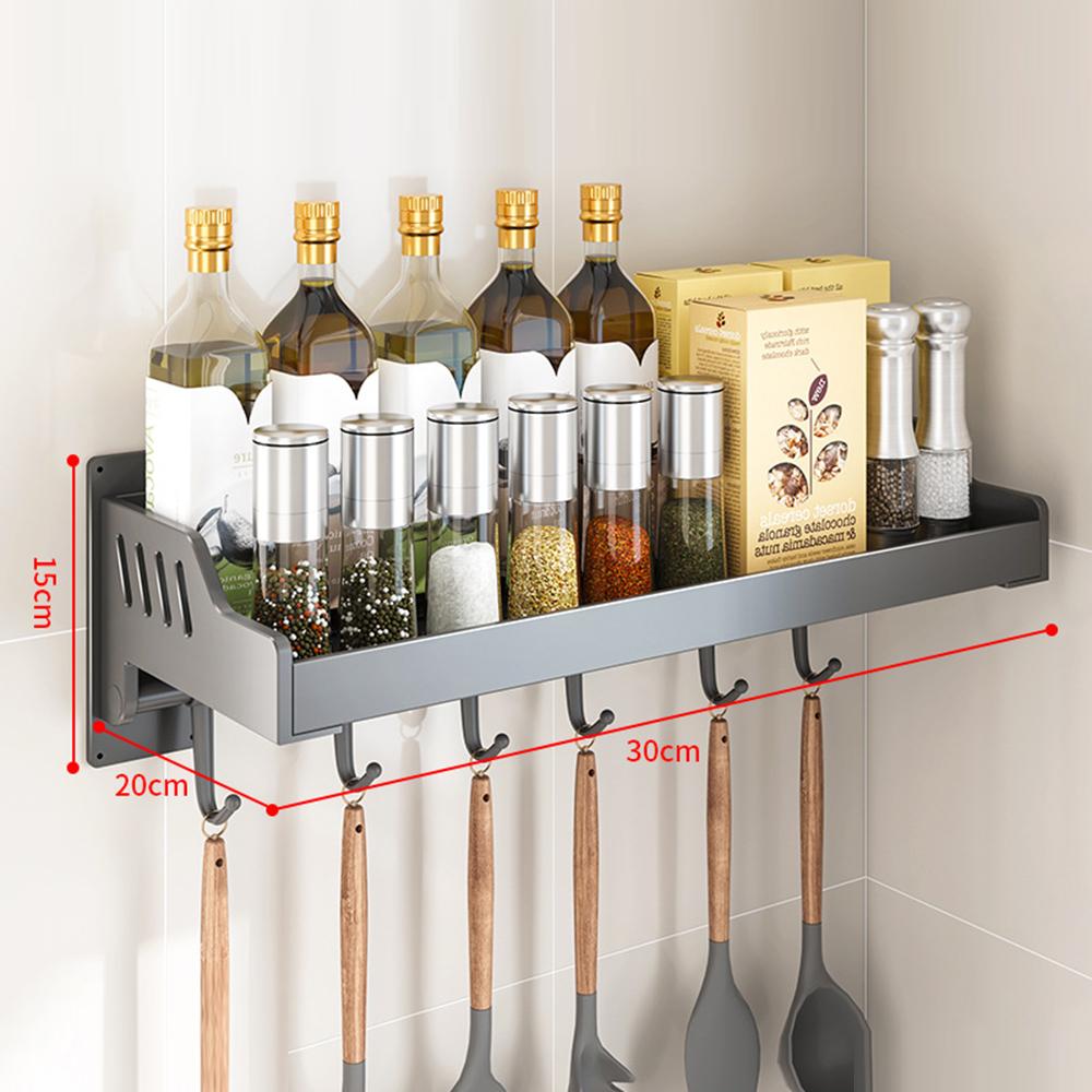 

20x30cm Kitchen Storage Rack Wall Mounted Spice Organizer Holder with Hooks