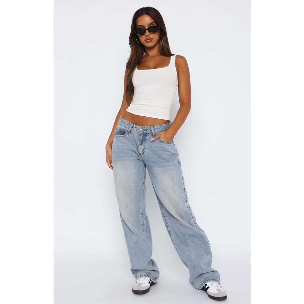 Women's High Waist Straight Leg Loose Fit Long Denim Pants Washed Casual Jeans