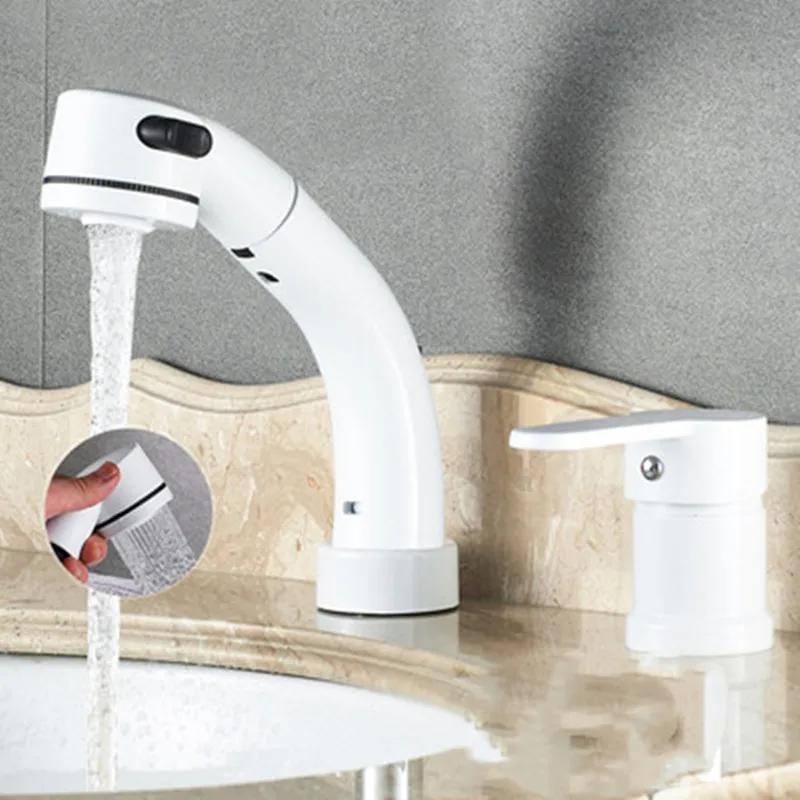 All-Copper Body Split Lift Pull Faucet Rotatable Cold Double Hole Three Hole Basin Hot Water Mixing Valve Washbasin
