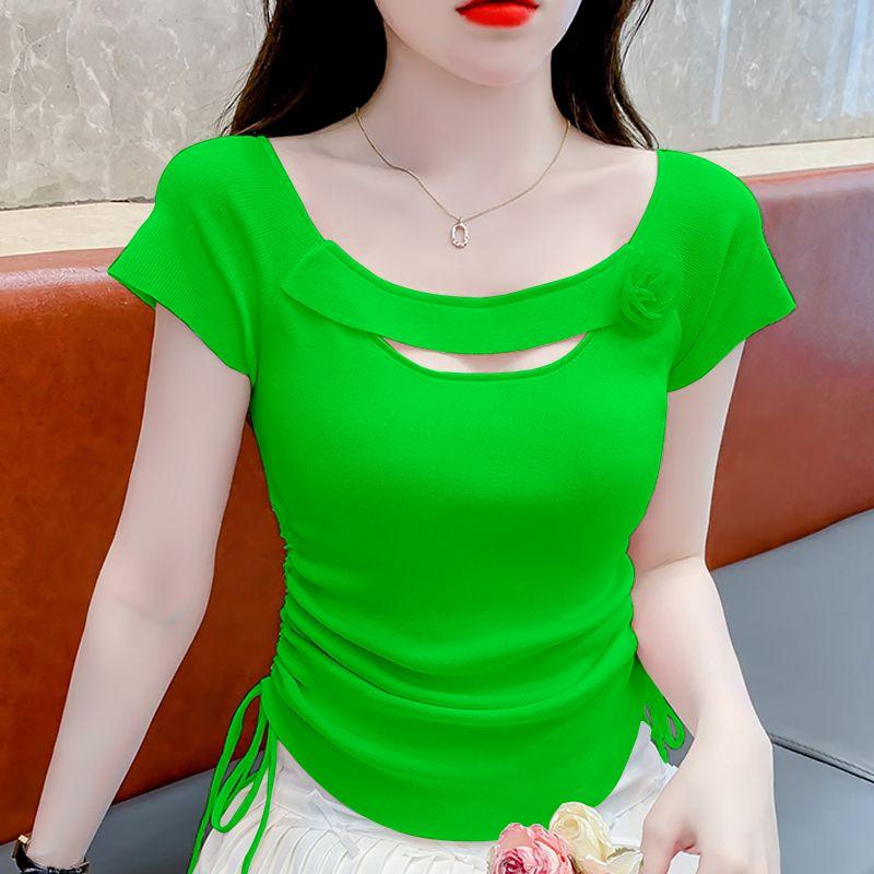 Unique Design Short Sleeved Women's Summer New Drawstring Top Slim Irregular T-shirt  Knitted Sweater