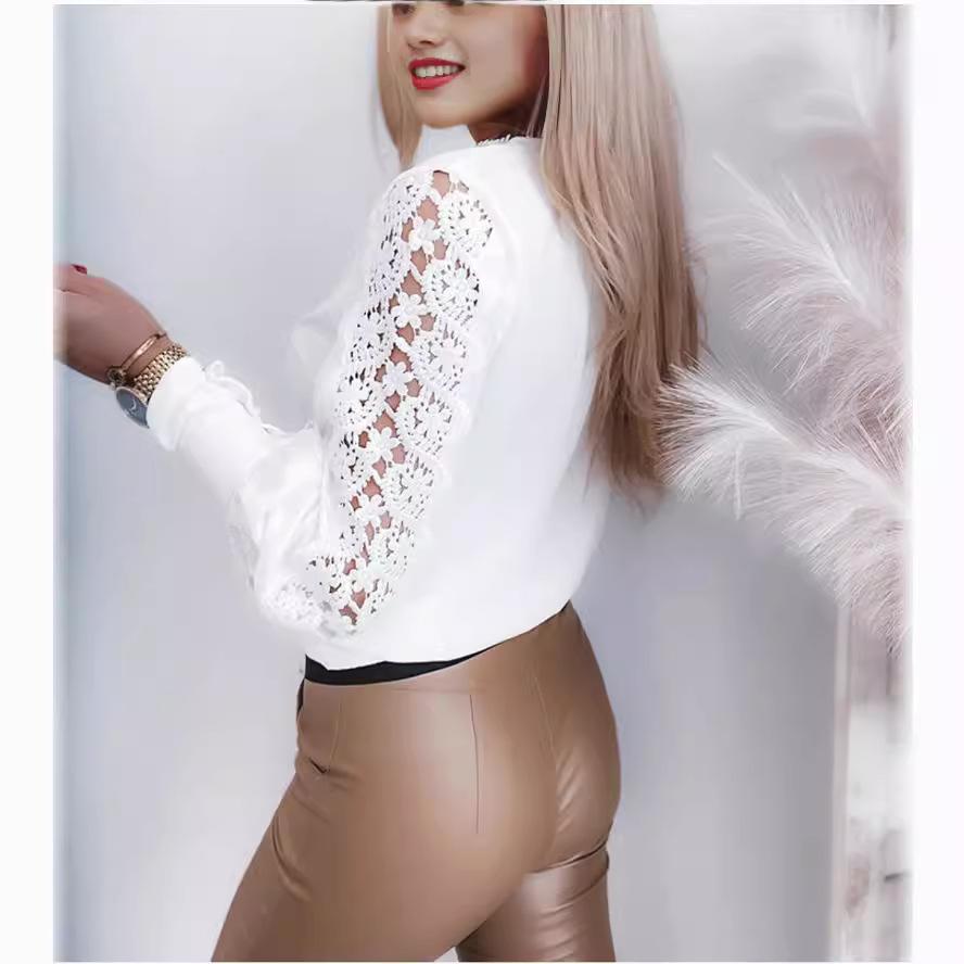 Autumn Winter Long-sleeved V-neck Lace Patchwork Blouse Shirt for Women Fashion Clothing for Female