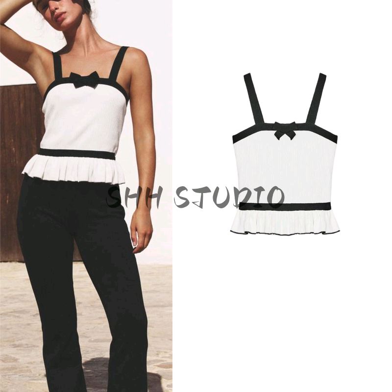 Autumn New Women's Clothing Skirt Ruched Contrast Color Trim Vest Bows Rib Knitting T-shirt 4770173