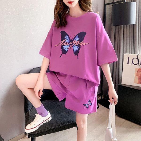 

Sports Suit for Women Summer Butterfly Print New Korean Style Loose Fat Mm Large Size Short-sleeved T-shirt Running Two-piece Set M фіолетовий
