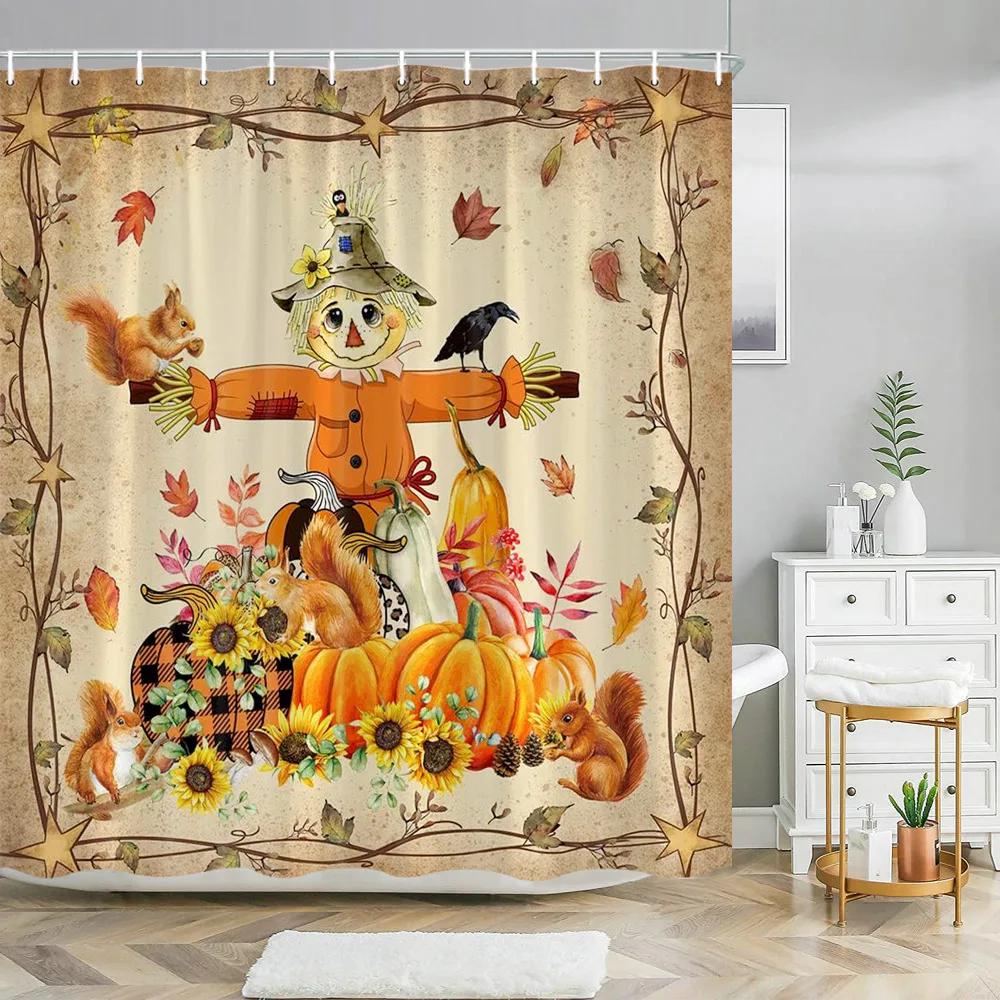 Fall Thanksgiving Shower Curtains for Bathroom Autumn Farmhouse Red Truck Maple Leaf Washable Fabric Bath Curtain Bathroom Decor