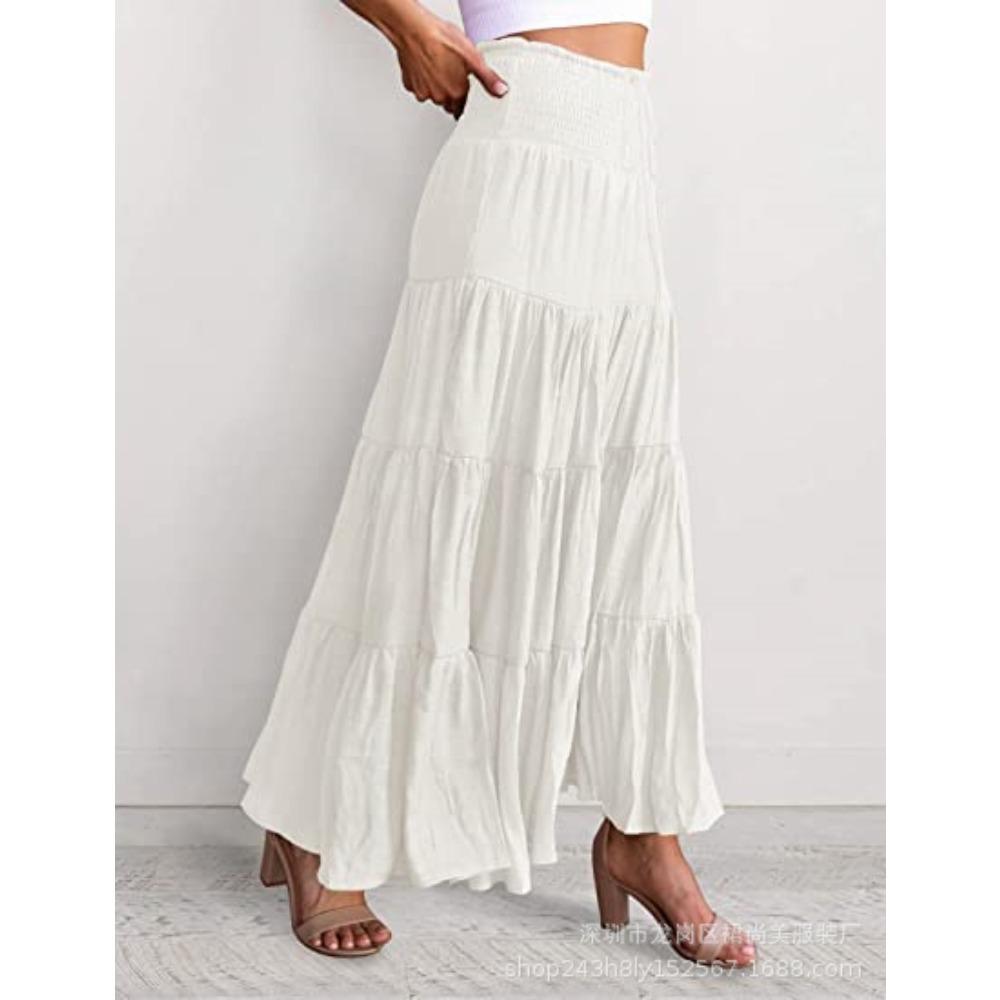 women s Smocked High Waist Tiered Maxi Skirt Boho Flowy A Line Long Skirt with Elastic Waist S белый