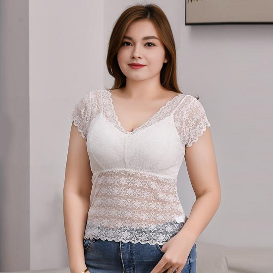 Women Lace Top Mesh Sheer Short Sleeve V Neck Undershirt with Padded Bra Floral Lace