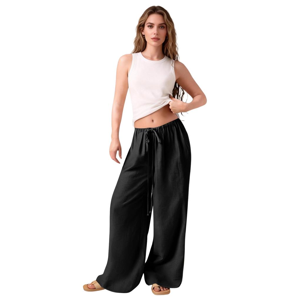 Women's Loose Wide-Leg Pants Casual Loose Cotton Linen Pants With Drawstring No Pocket