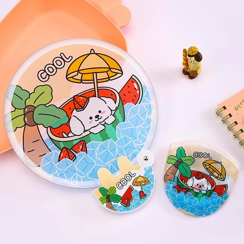 Reflective Mini Folding Fan: Portable Cartoon Design with Cloth Surface for Students and Outdoor Use.