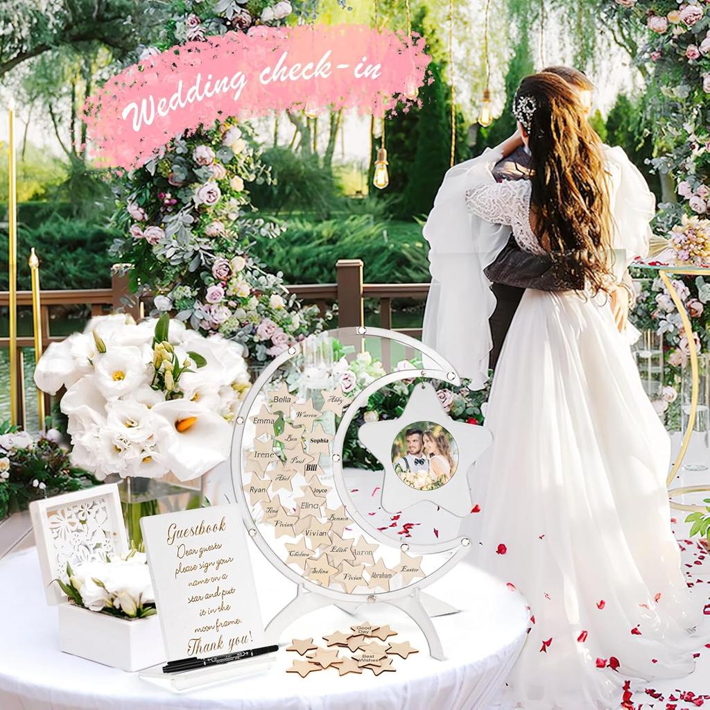 Baby Shower Guest Book, 68PCS Baby Shower Sign in Guest Book Baby Shower Decorations Moon Token Frame Star Wooden Keepsake Frame Baby Shower Decors