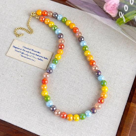 Colorful Beaded Choker Pearlescent Round Bead Necklace Boho Beaded Necklace Jewelry for Women Holiday Summer Beach Vacation