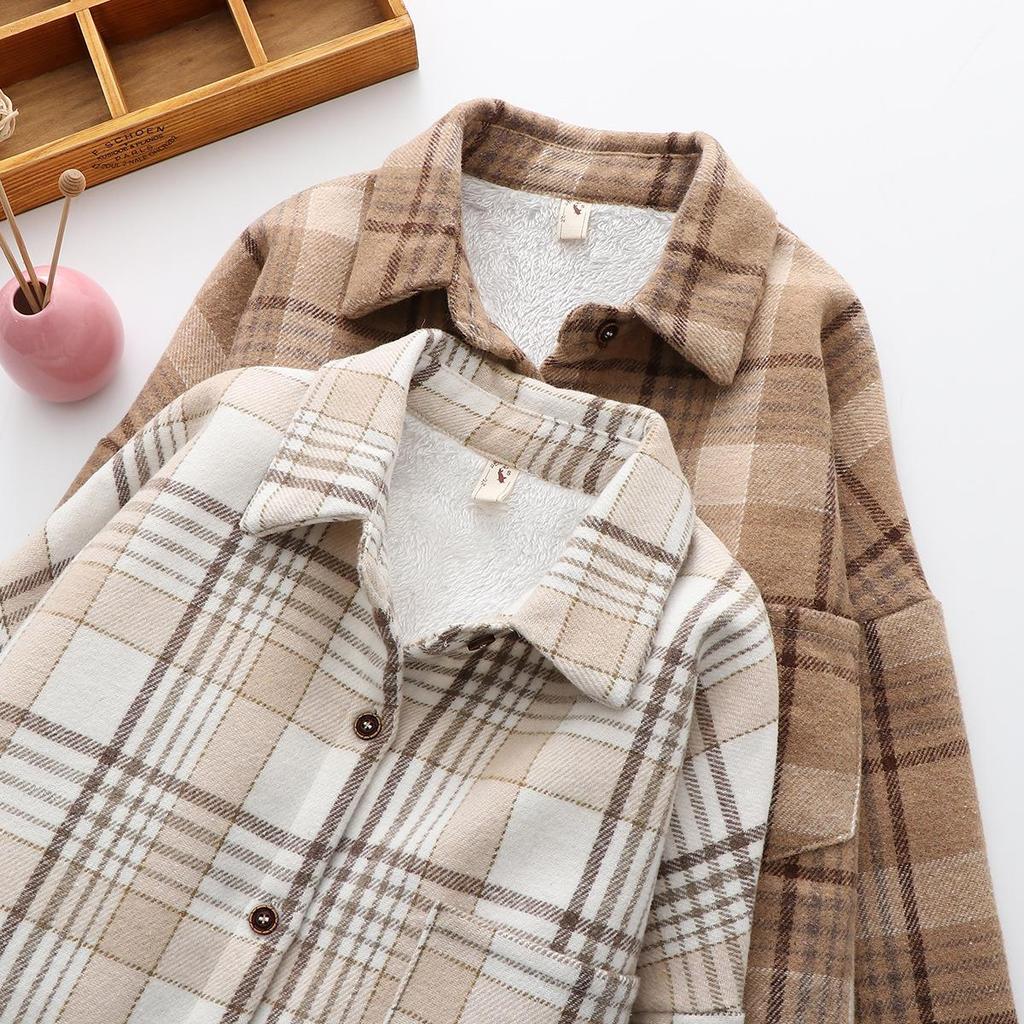 Thick Plaid Shirt Women's Autumn and Winter Plus Velvet Brushed Loose Korean Retro Lazy Style Warm Woolen Coat
