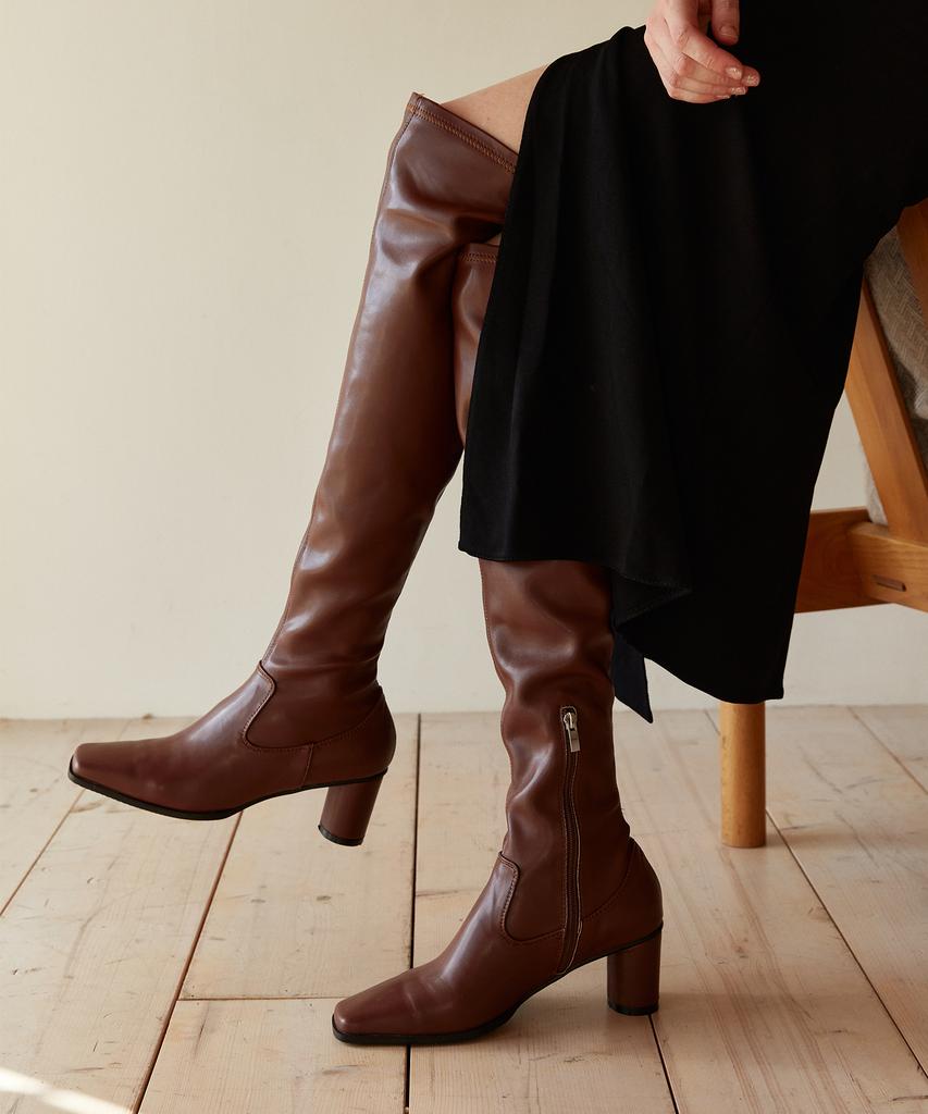 Moodnight Nora Span Knee-High Boots Leather - 3Color 6.5Cm Spandex Knee-High Boots