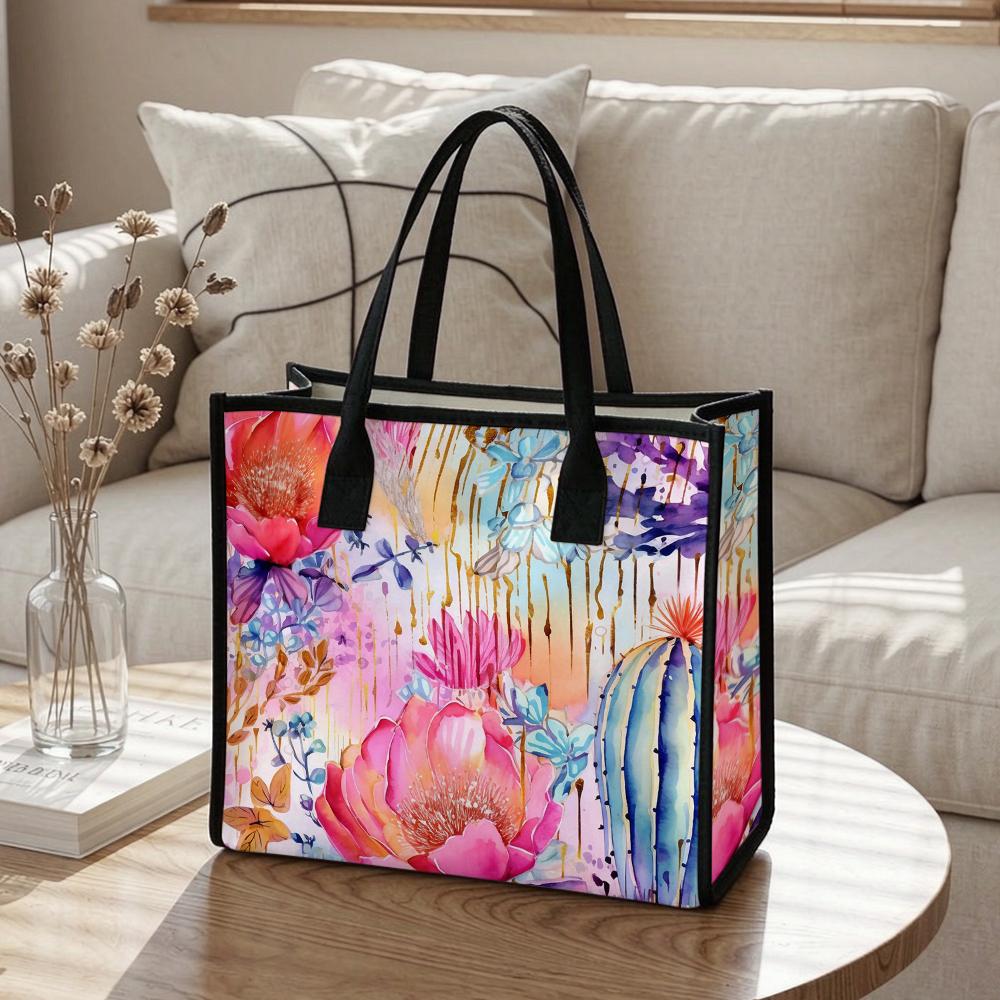 Watercolor Floral Cactus Printed Large Tote Bag Casual Daily Use Reusable Shopping Shoulder Bag