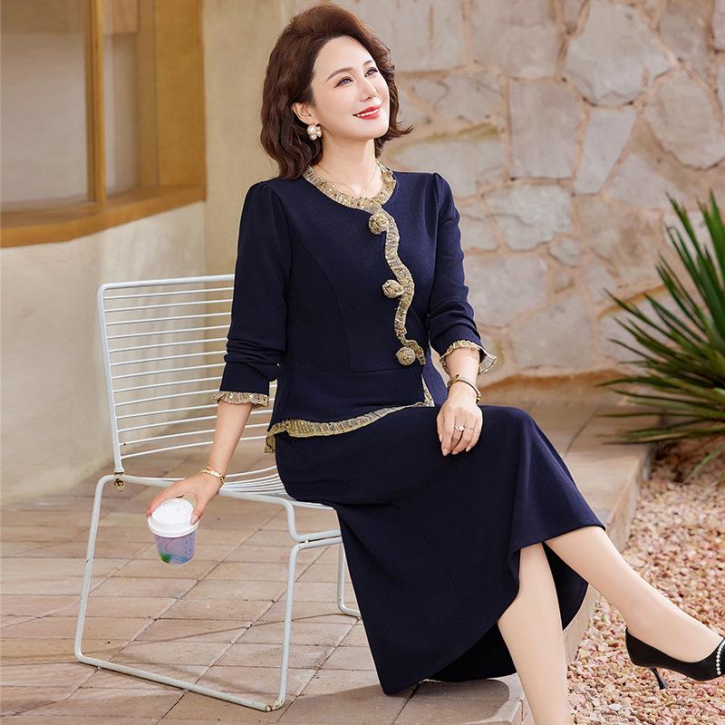 

2026 Fashionable Slimming Spring/Autumn Fake Two-Piece Long Sleeve Dress for Middle-Aged Women XL (90-105 lbs)