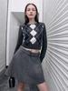 Nanyou Women's Mixed Color Rhinestone Herringbone Wool-Blend Jacket and Slit Skirt Set