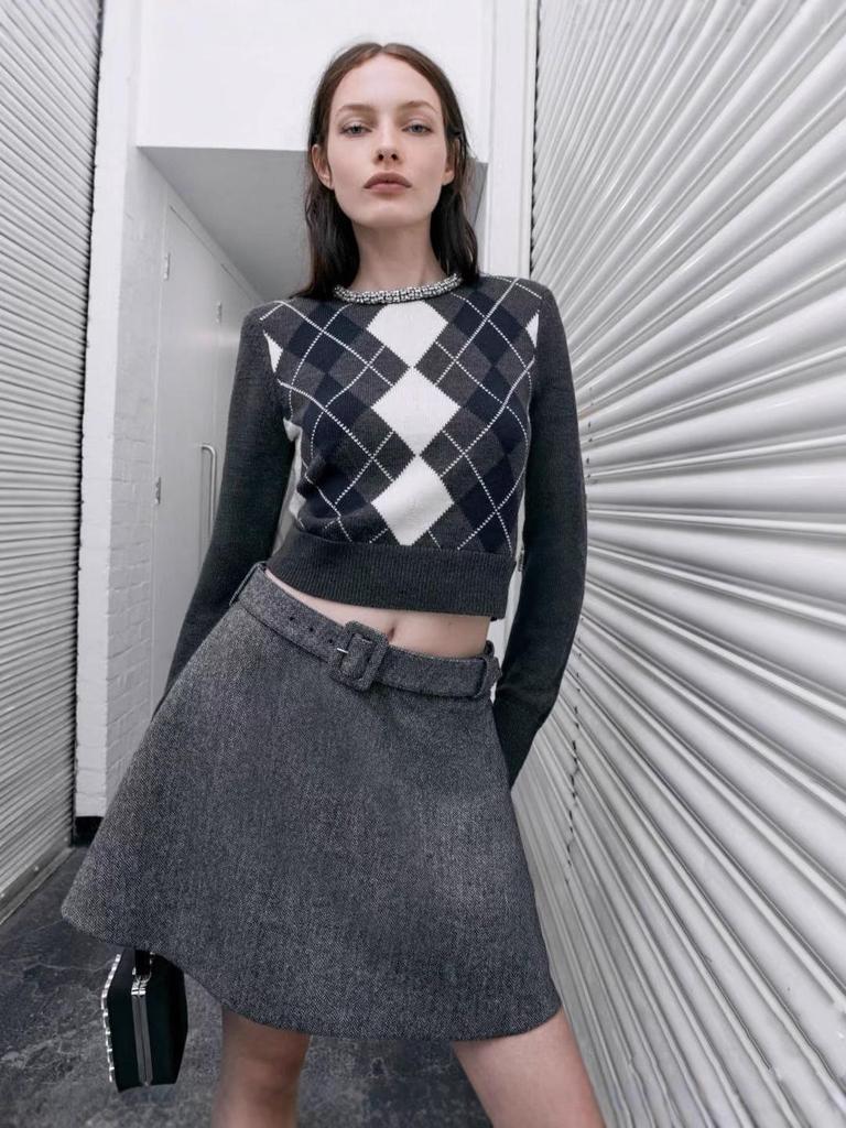 Nanyou Women's Mixed Color Rhinestone Herringbone Wool-Blend Jacket and Slit Skirt Set