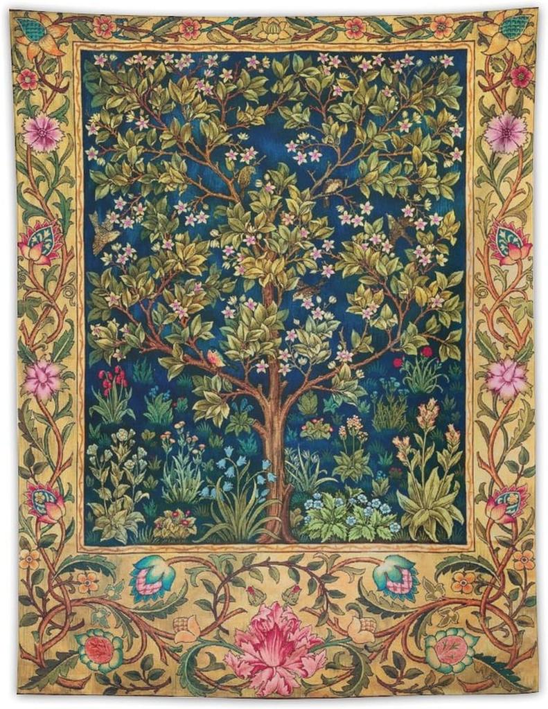 Tree of Life Tapestry Wall HangingMedieval Classic Vintage Flowers Pattern Modern Wall Art DecorRetro Floral Home Decoration
