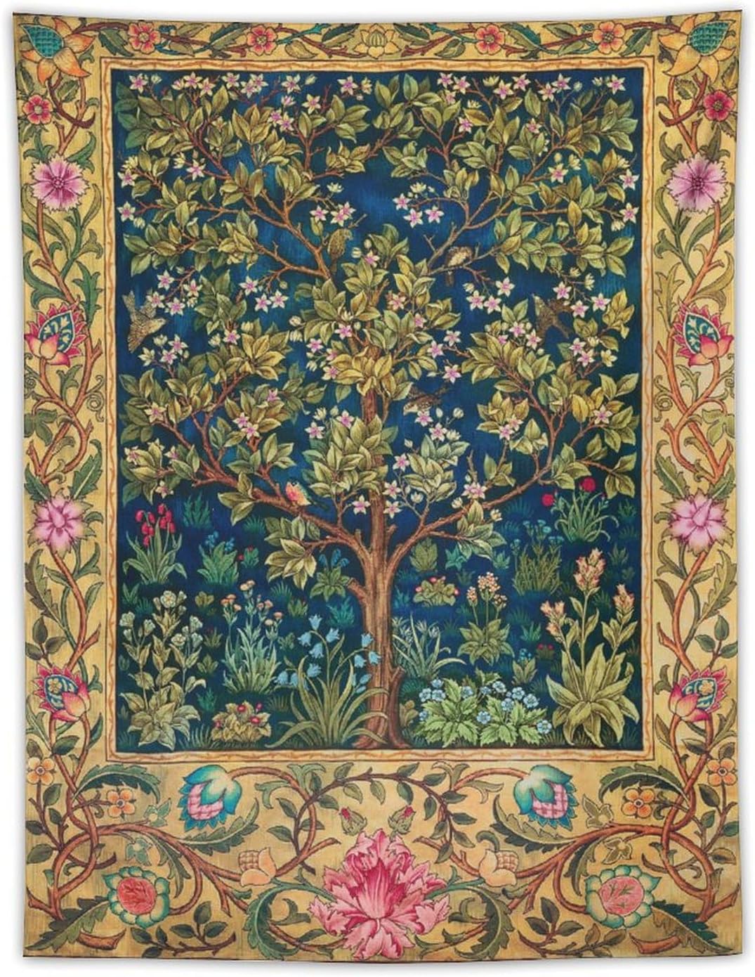 

Tree of Life Tapestry Wall HangingMedieval Classic Vintage Flowers Pattern Modern Wall Art DecorRetro Floral Home Decoration 74x94cm(29x37in)
