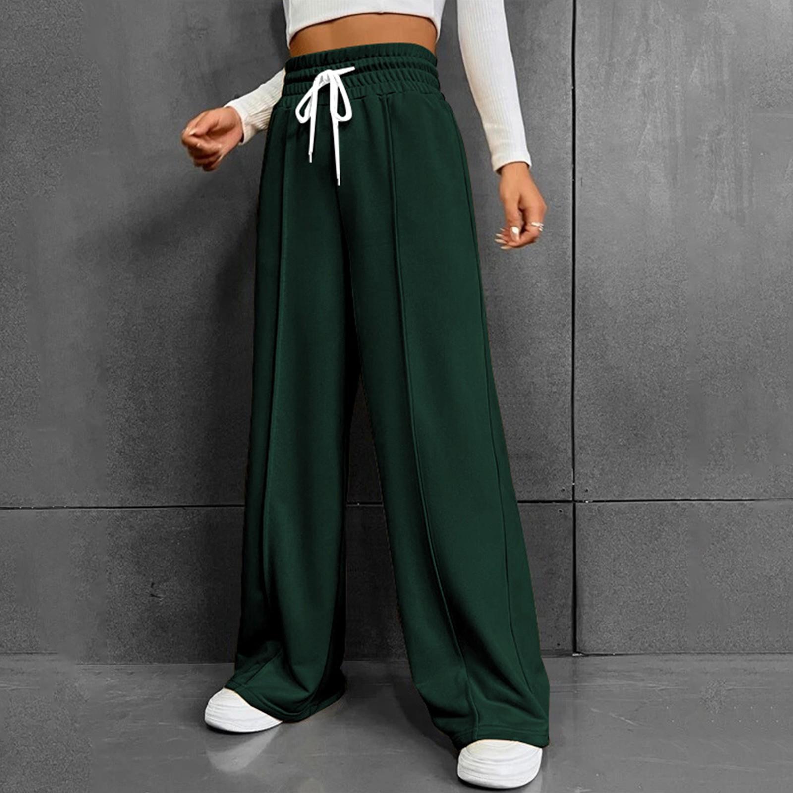 

Женские модные однотонные универсальные повседневные брюки с карманами, свободные спортивные брюки с высокой талией и широкими штанинами на шнурке XXL темно-зеленого