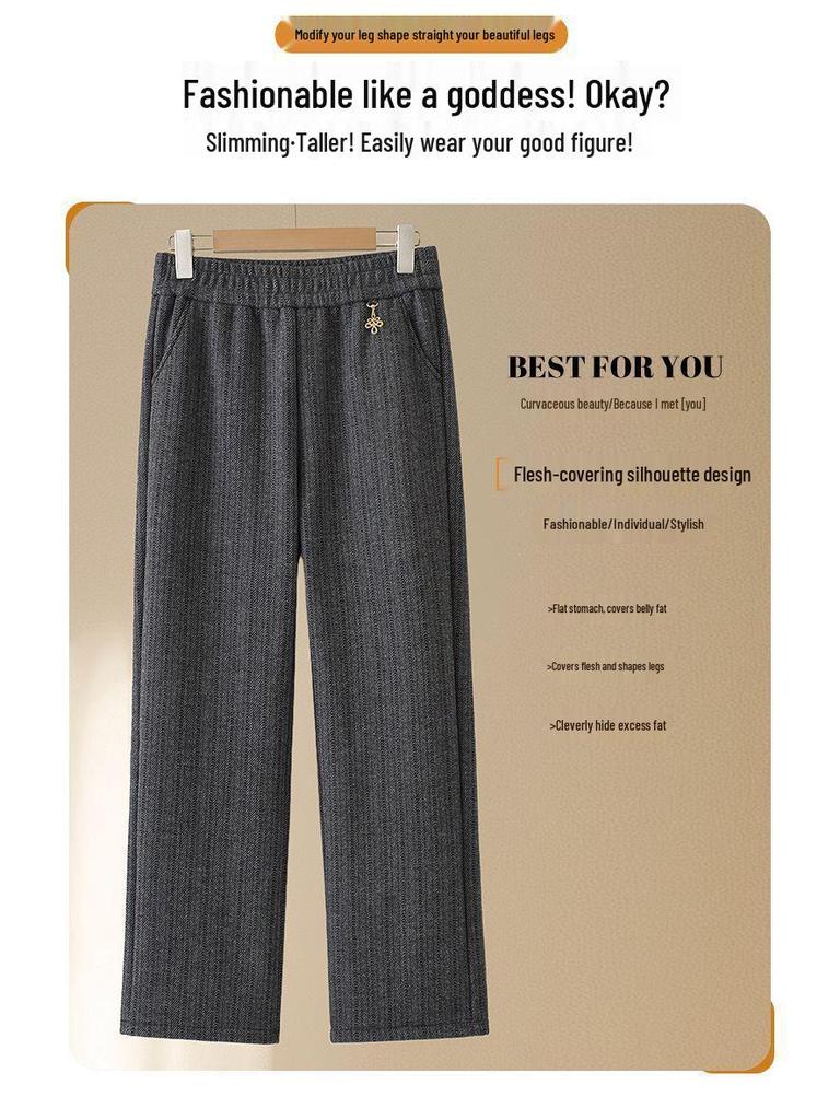 Women's High-Waist Elastic Stretch Pants - Winter Thickened, Loose Straight Fit for Middle-Aged & Elderly