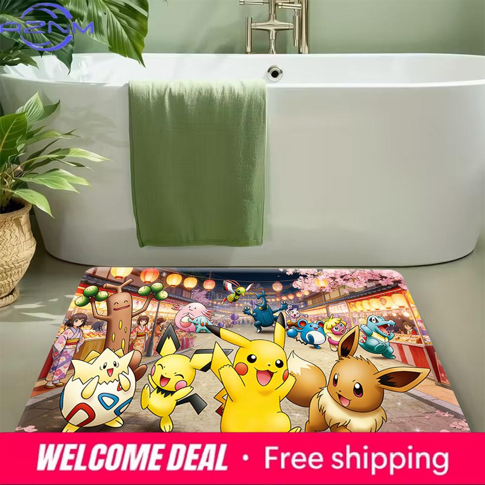 Pokemon Summer Festival Night Print Non-slip Doormat, Soft Absorbent Floor Rug for Home Decor