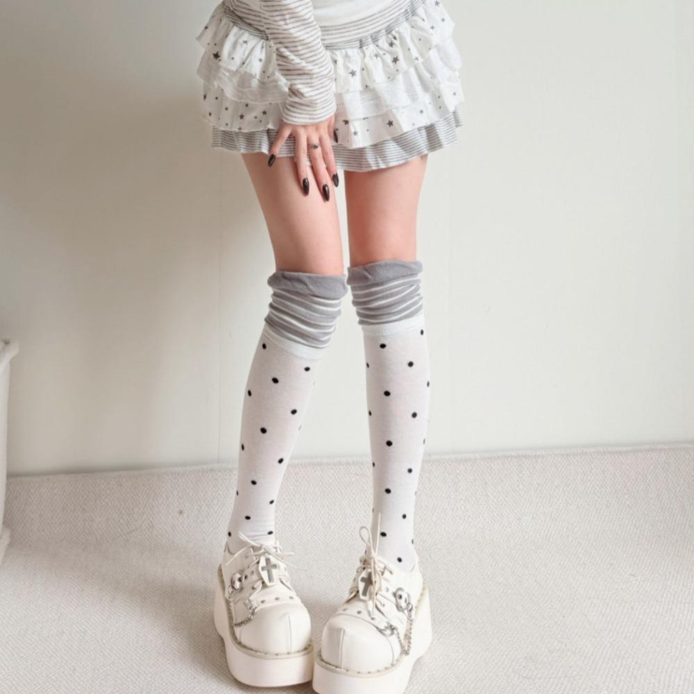 Early autumn ancient taste sub-cute mint green stitching contrast stripes polka dots Korean light Asian style cotton calf socks