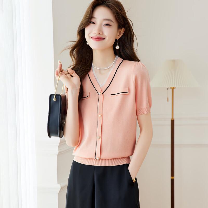 Chic Silk Blend V-Neck Knit Short Sleeve Top