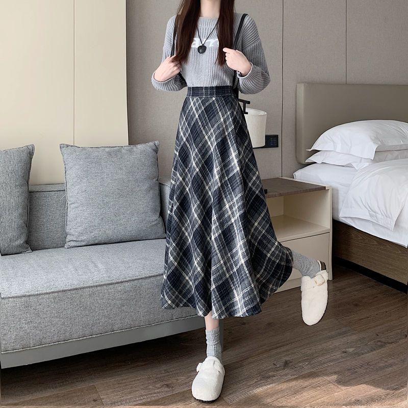 Coffee Wool Plaid Skirt for Women with High Waist Slim Skirt for A-line Midi-length Umbrella Skirt