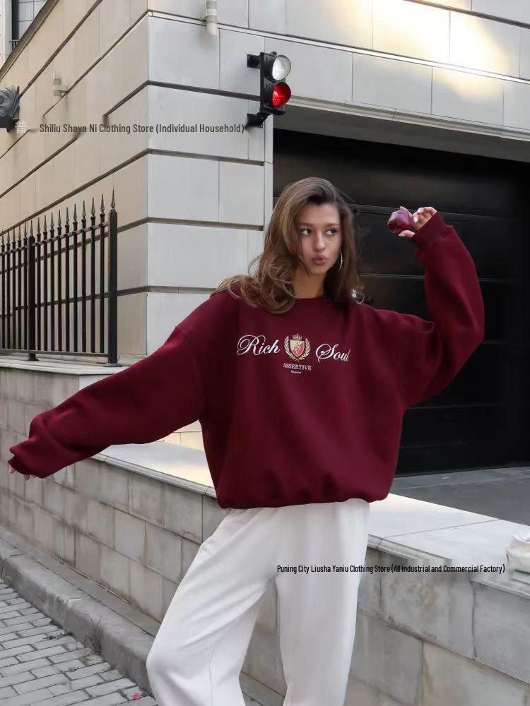 European Autumn/Winter 2025 Women's Stylish Printed Pullover: Loose, Versatile, Plus Velvet, Round Neck Sweatshirt