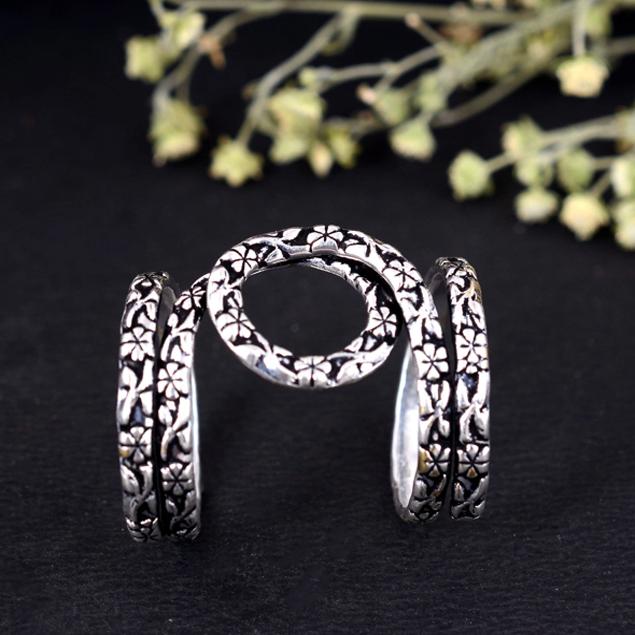 Silver Floral Arthritis Ring Splint | Adjustable Wide Band Flower Ring | Handmade Oxidized Boho Knuckle Stabilizer | Unique PIP/DIP Joint Jewelry