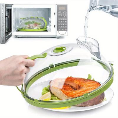 1pc 25.4cm Clear Microwave Splatter Guard with Green Handle - Food Cover,Water Steamer Lid, Heat-Resistant, Keeps Meal Warm, Ideal for Salmon,Veggies