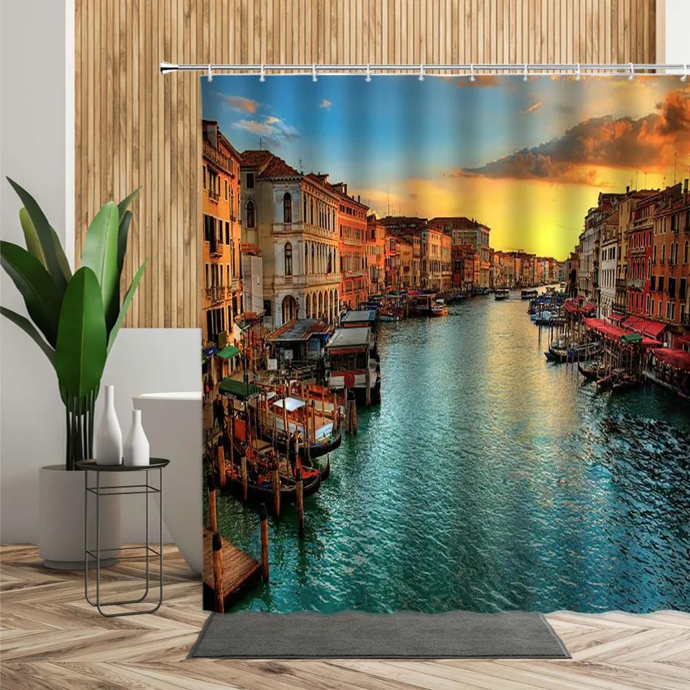 Scenery Shower Curtain Greece Seaside City Blue House Printed Fabric Bath Curtain Home Bath Decoration Bathtub Screen With Hooks