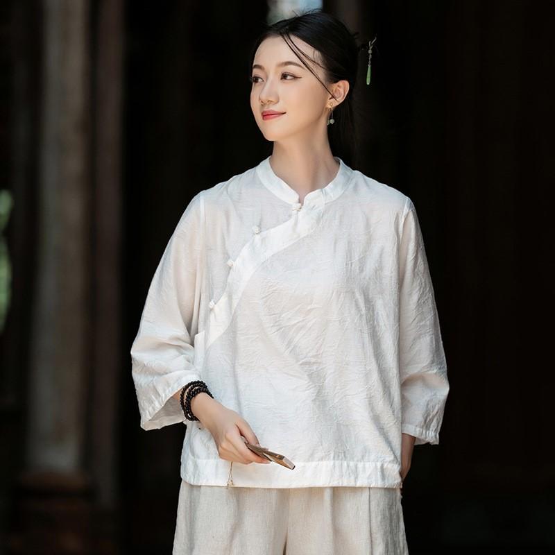 Johnature Vintage Women Shirts Stand Seven Sleeve Blouses Autumn Solid Color Button Chinese Style Shirts