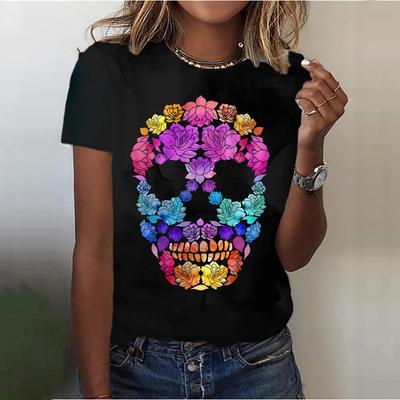 Sommar Rund Hals 3D Skalle Mönster Tryckt Topp Trendiga Casual Söta Kortärmade Dam T-shirts