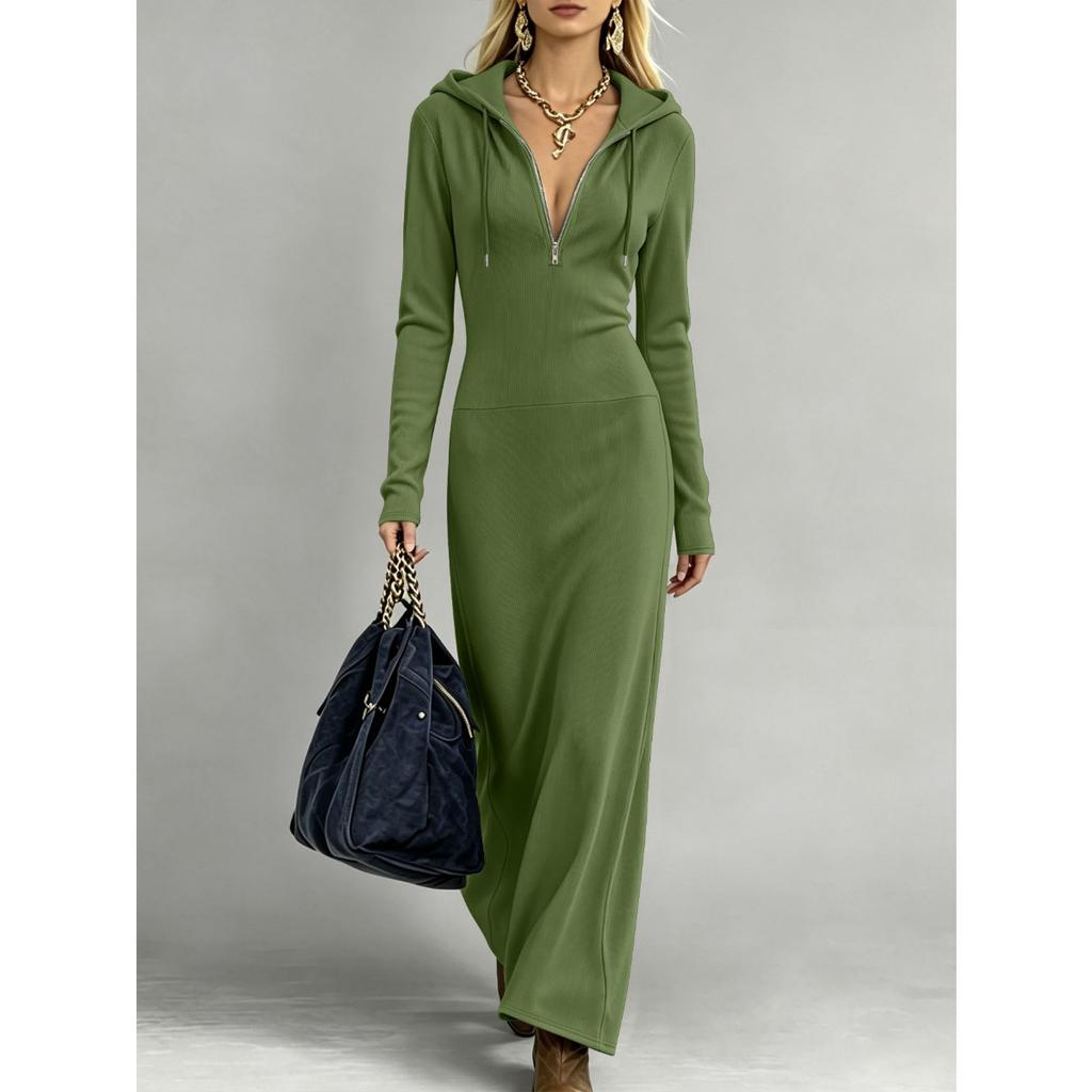 Großformat Damen Kapuzenkleid mit halbem Reißverschluss Gerippt Dehnbar Schmale Taille Langarm Langes Sweatshirtkleid