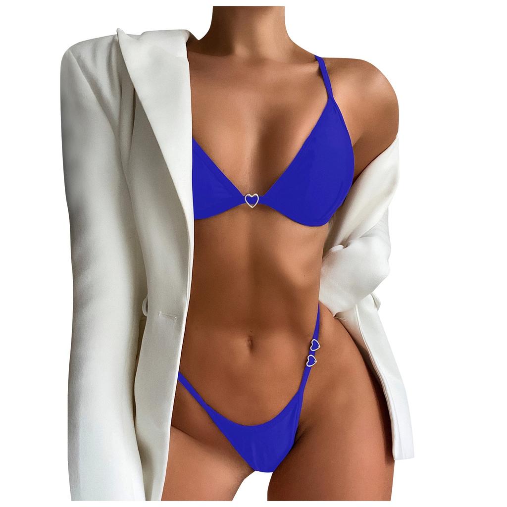 Women's Solid Color Heart Detail Triangle Bikini Set Two Piece Swimsuit Adjustable Straps Low Waist Bottoms Beachwear Swimwear