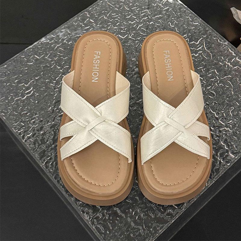 French Thick-bottomed Cool Slippers for Women's Summer Outer Wear 2025 New Cross-strapped Flat-bottomed High-end Skirt One-word Slippers