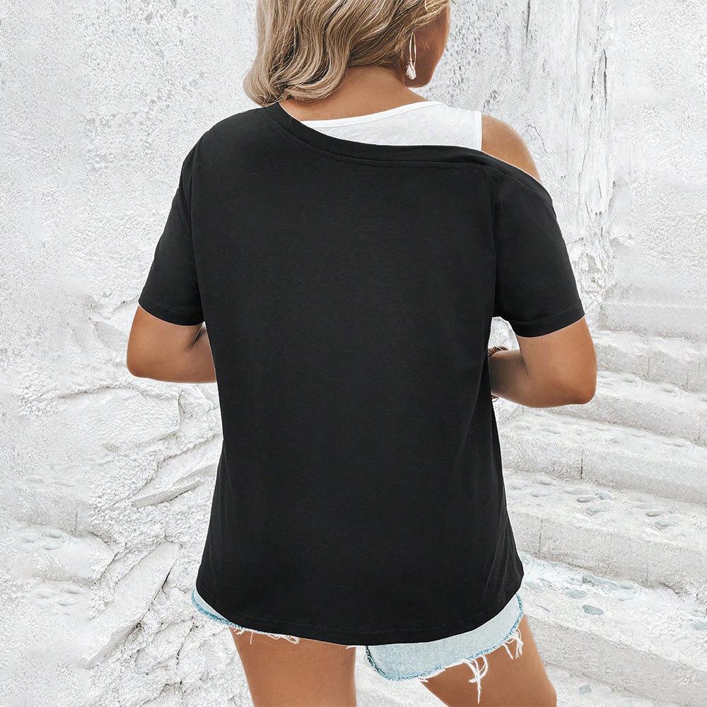Large size women's fake two-piece T-shirt spring and summer new loose casual style contrasting top